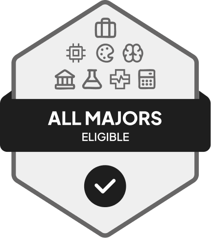 Badge with blue banner: 