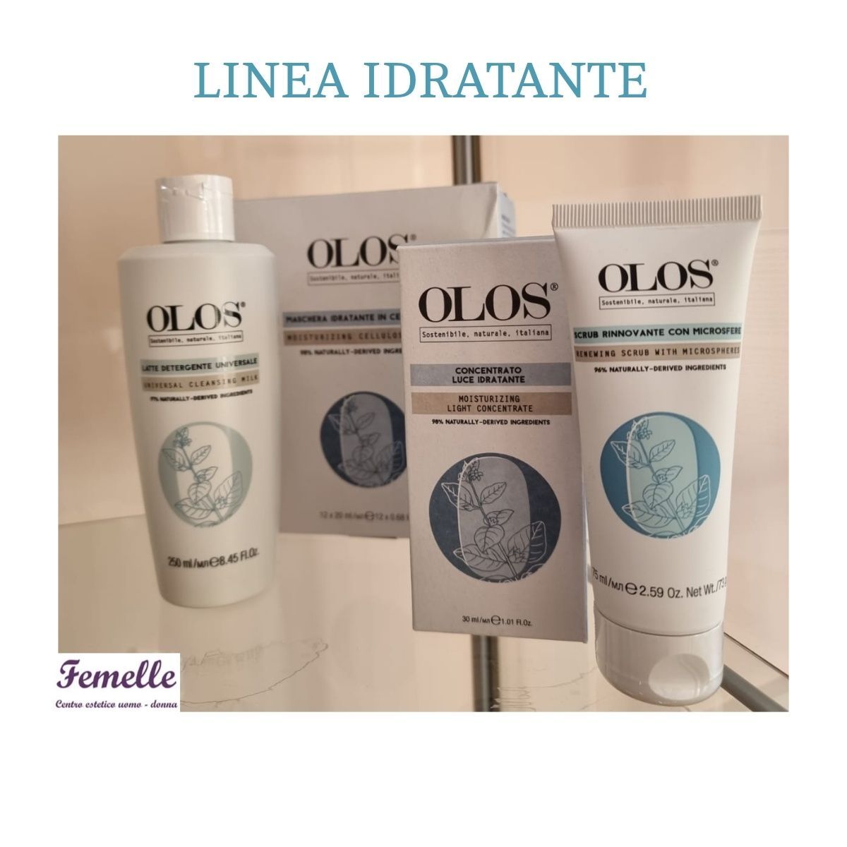Prodotti idratanti per la cura della pelle OLOS in confezioni bianche e beige su uno scaffale, con la scritta