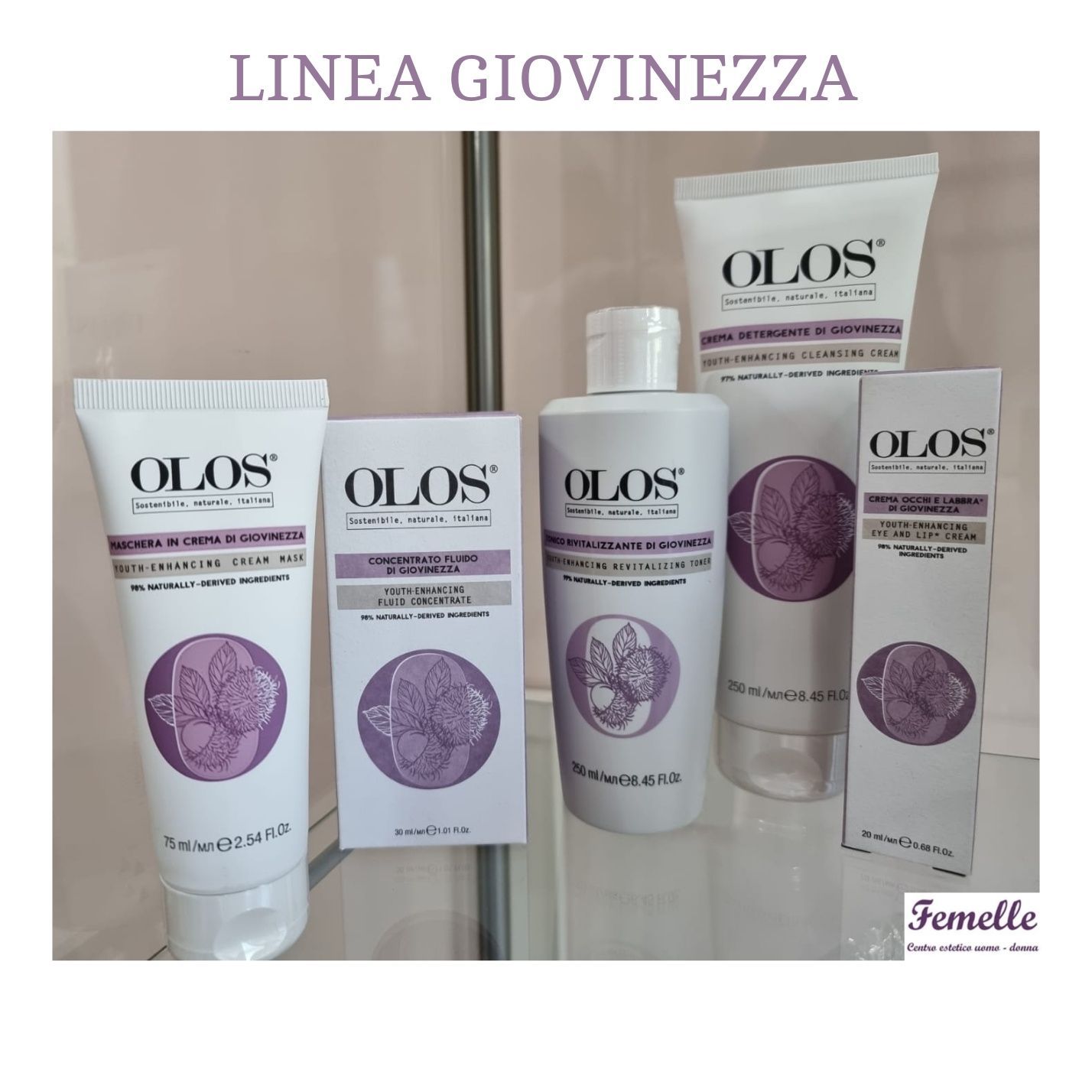 Prodotti per la cura della pelle OLIOS in mostra con la scritta