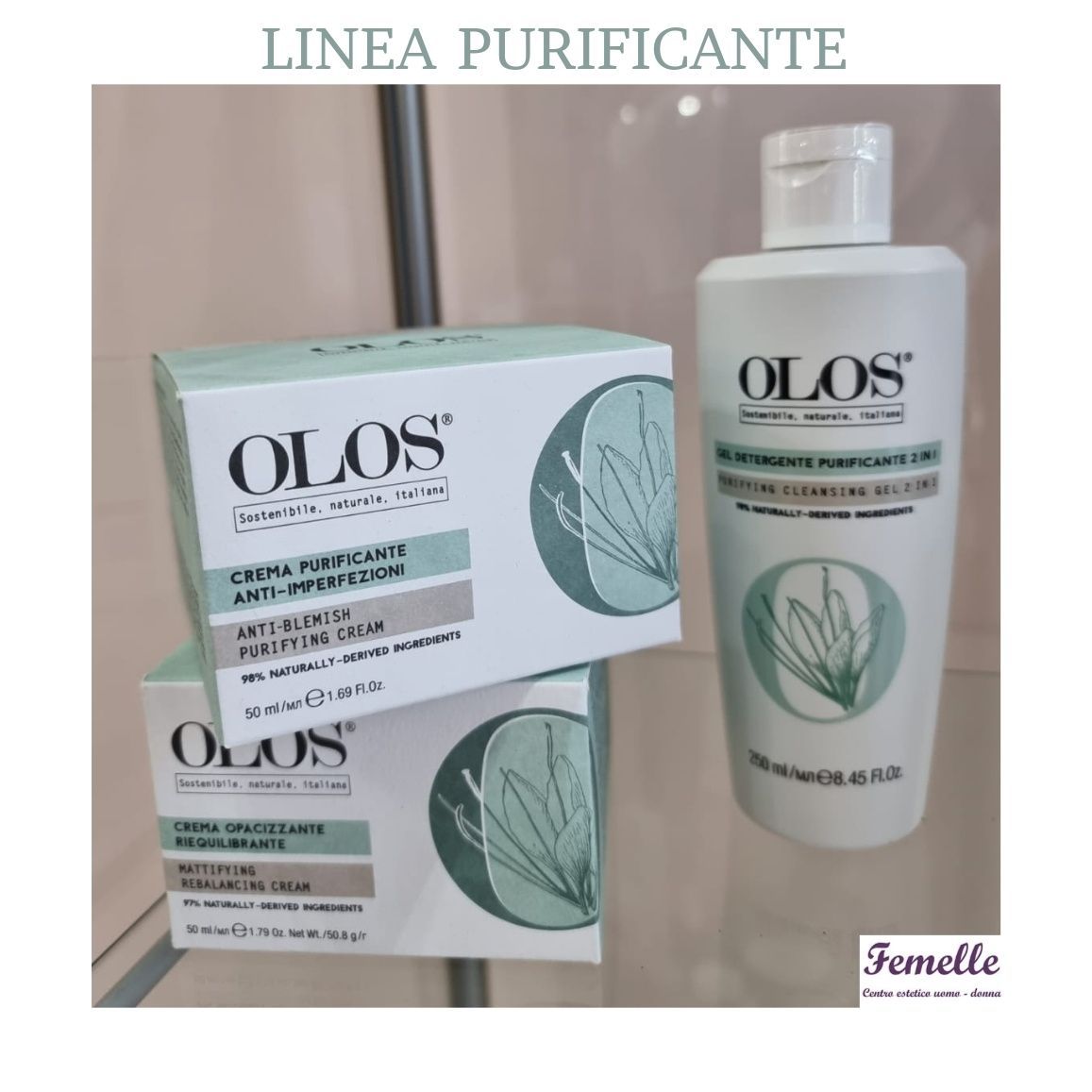 Scatola e flacone del detergente per la cura della pelle OLOS su una superficie riflettente, con l'etichetta
