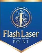 Logo Flash Laser Point in blu e oro con figura laser stilizzata ed emblema circolare decorativo.