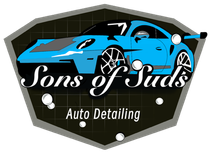 Sons of Suds Auto Detailing logo with blue sports car on a black shield background