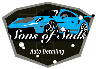 Sons of Suds Auto Detailing logo with blue sports car on a black shield background