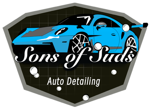 Sons of Suds Auto Detailing logo with blue sports car on a black shield background