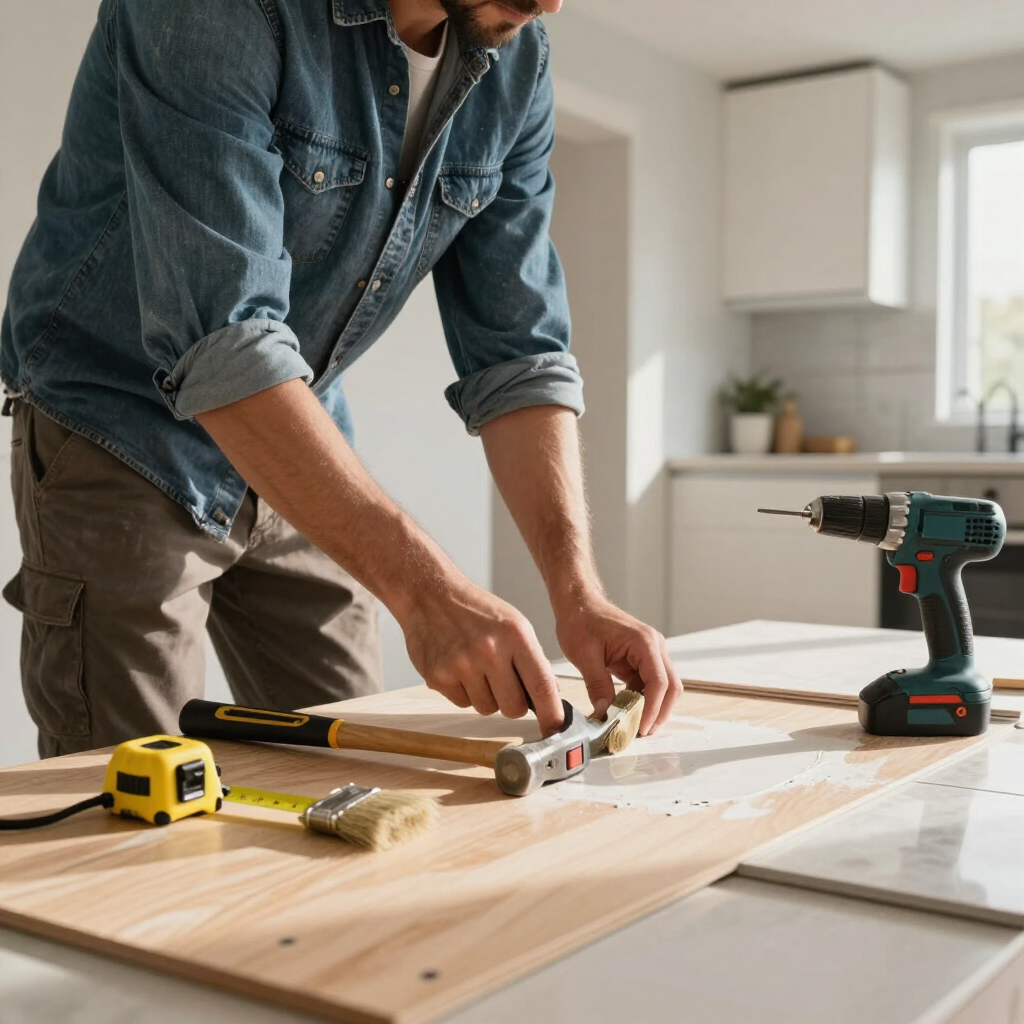 Person measuring and cutting a wooden board in a bright kitchen workspace, with tools on the table.