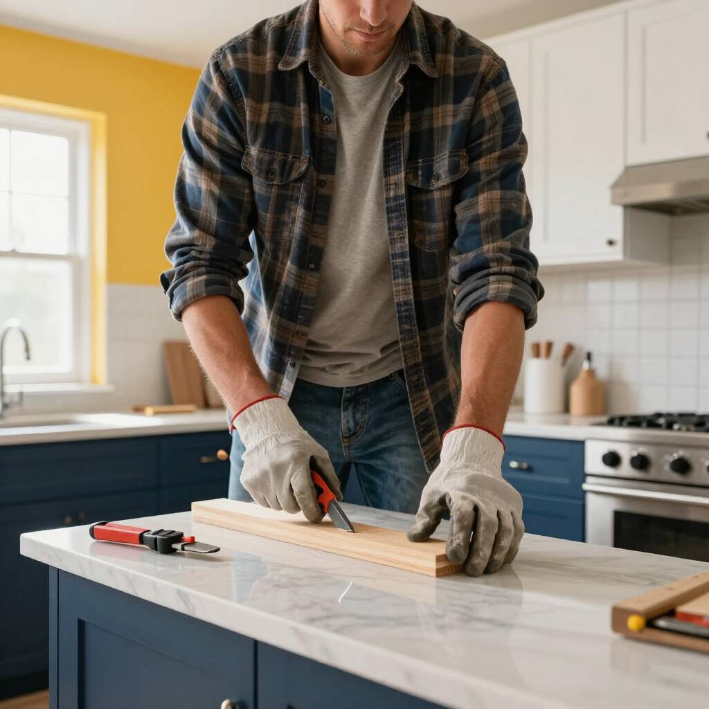 Person measuring a wooden board on a kitchen counter with a tape measure and saw.
