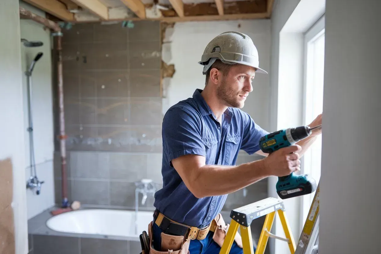 Construction worker drilling in a bathroom renovation, standing on a ladder with exposed walls.