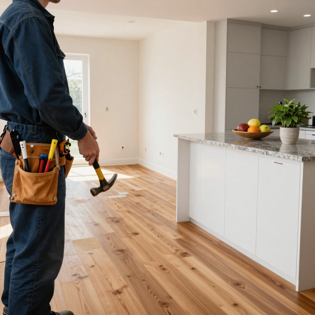 Worker with tools renovating a bright kitchen with a white island and wood floor.