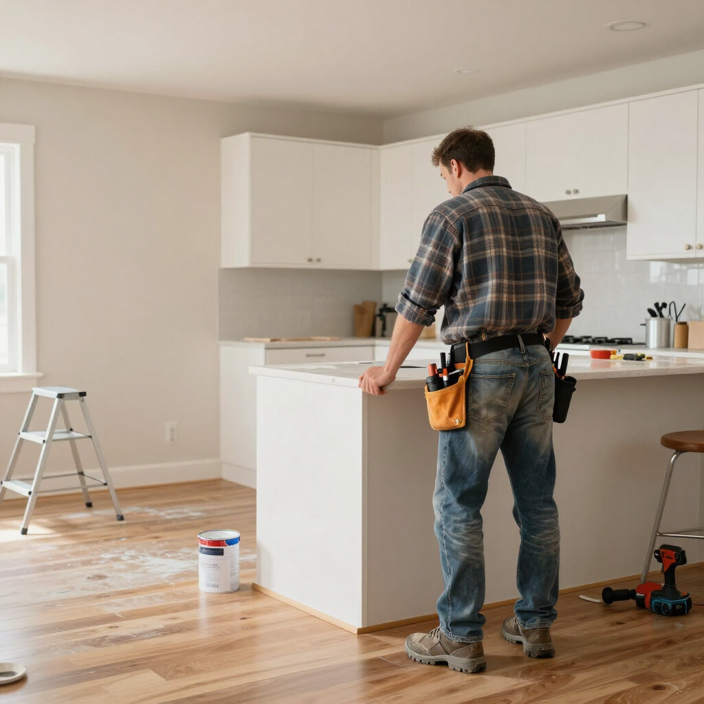 Person renovating a bright kitchen, standing by a white island with tools and a step ladder nearby