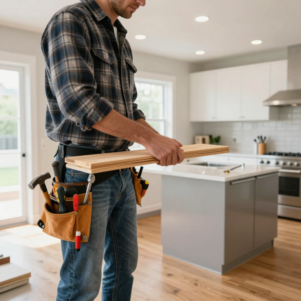 Handyman carrying wood boards in a bright kitchen under renovation