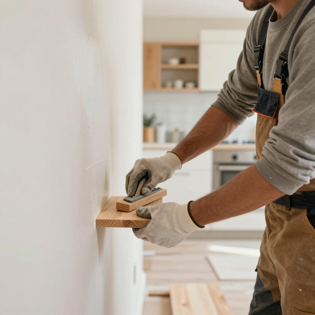 Person in work gloves sanding a wooden block against a white wall in a bright room