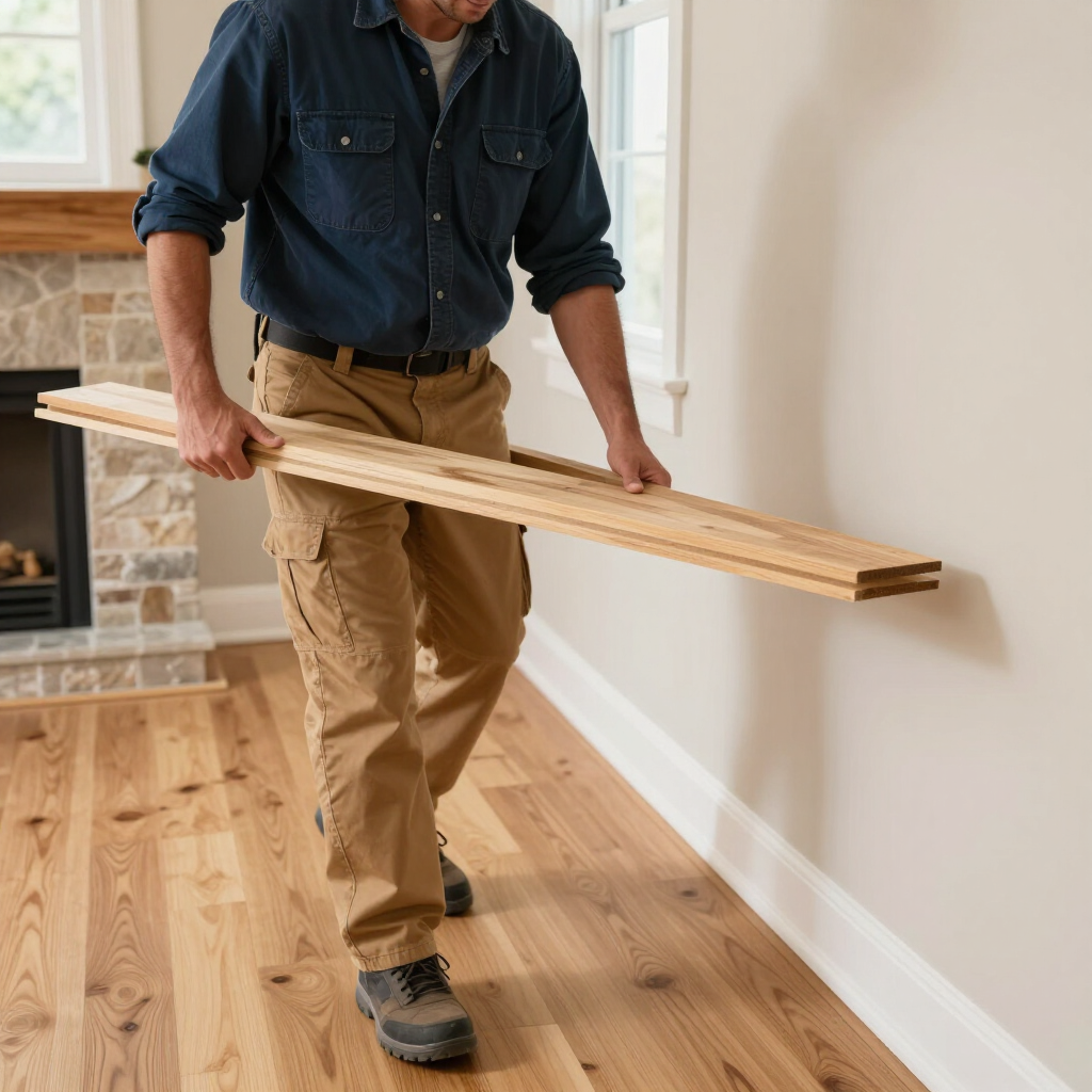 Worker carrying long wooden boards through a bright room with hardwood floors