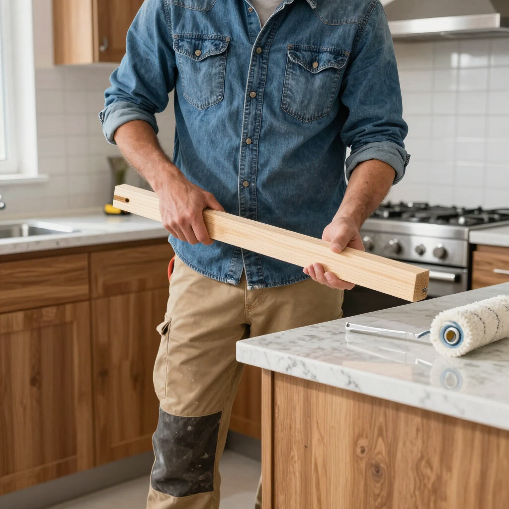 Person measuring a wooden plank in a kitchen with cabinets and a marble countertop
