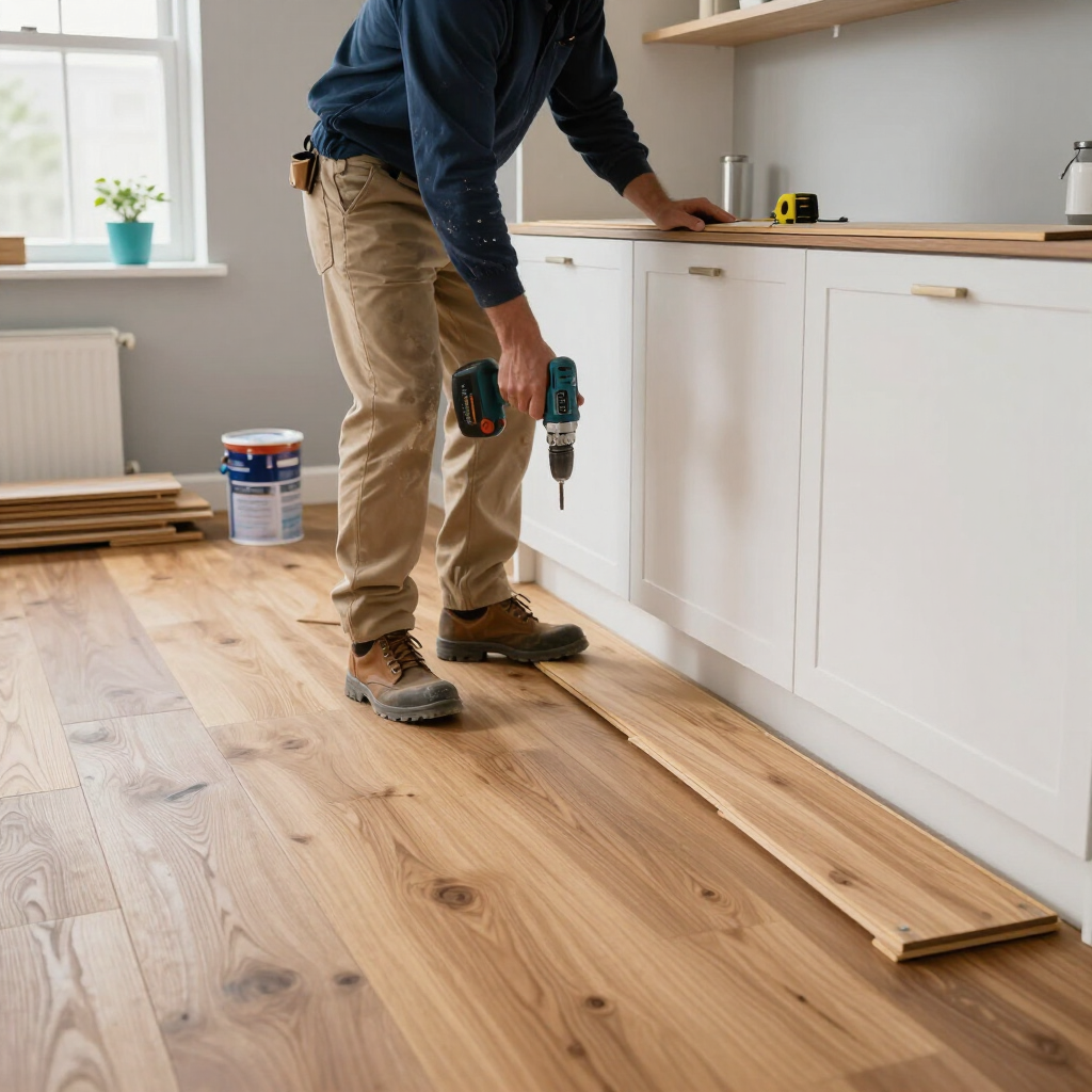 Person installing wood flooring in a bright kitchen, using a drill beside white cabinets.