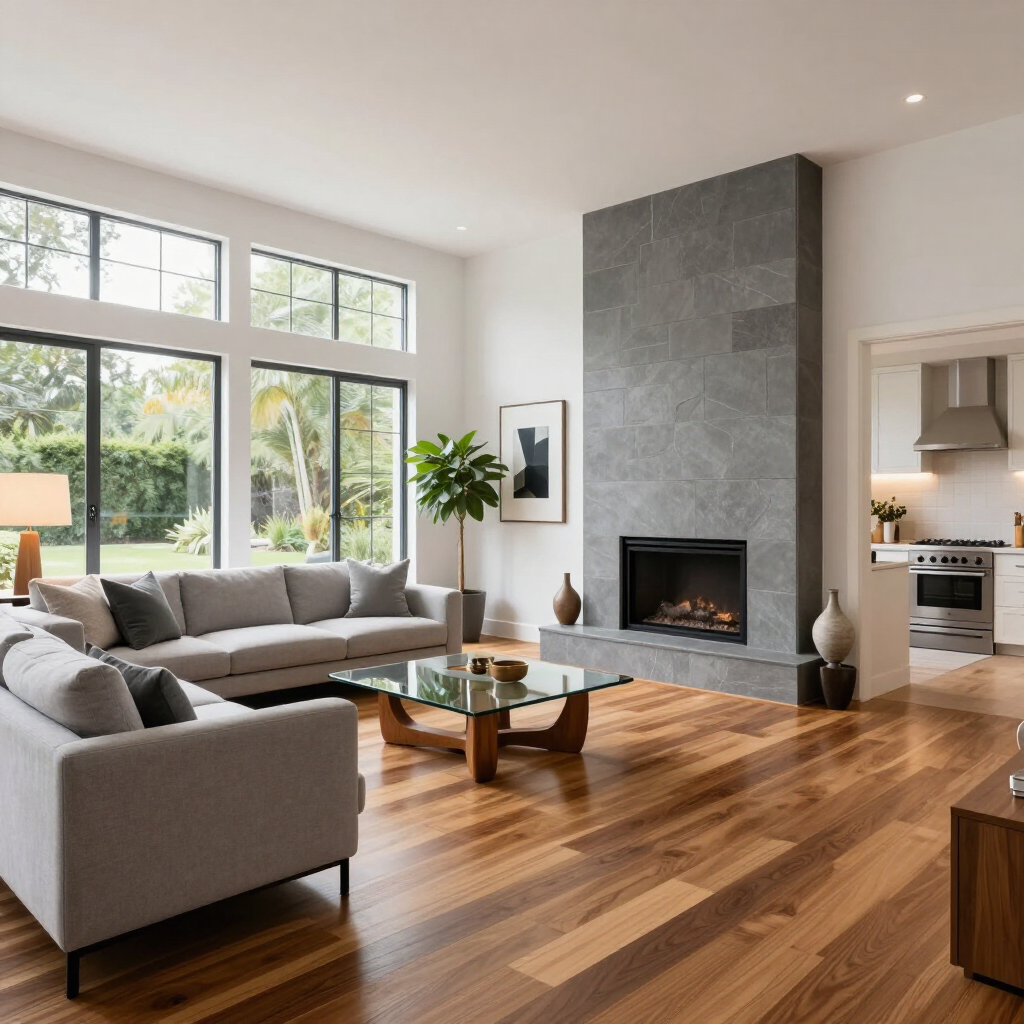 Modern living room with gray sofa, glass coffee table, fireplace, and large windows overlooking greenery