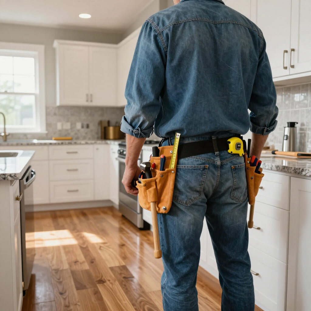 Person in denim work clothes with a tool belt standing in a bright white kitchen.