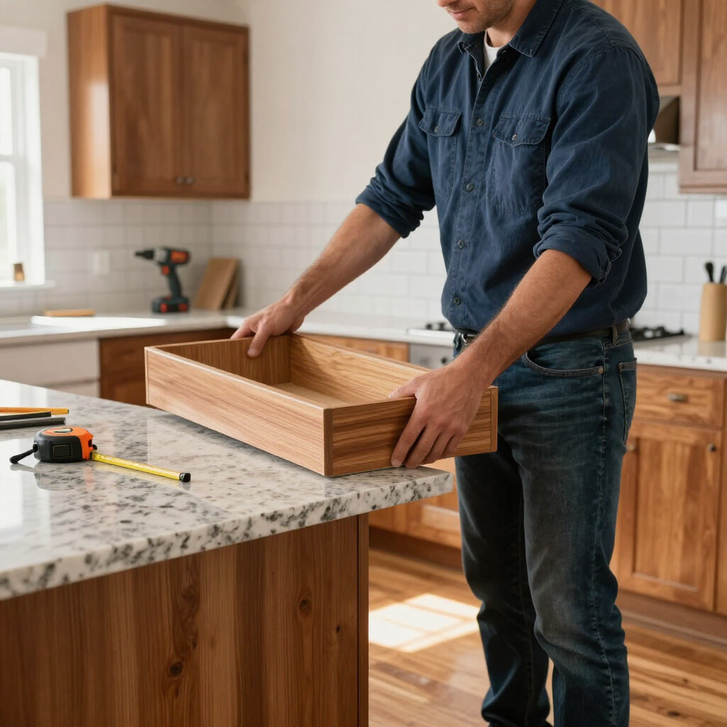 Person assembling a wooden drawer box on a granite kitchen island.
