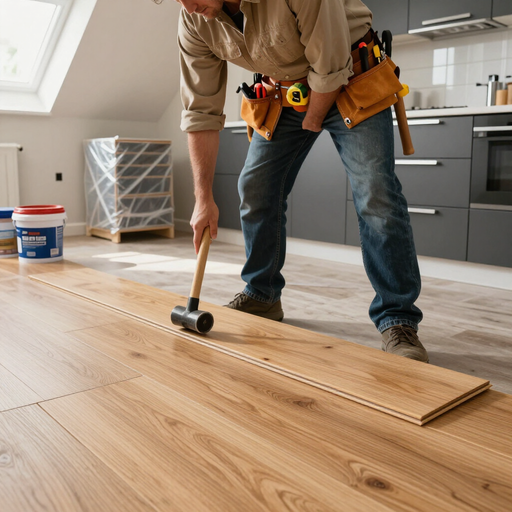 Worker installing wooden flooring with a mallet in a bright kitchen area