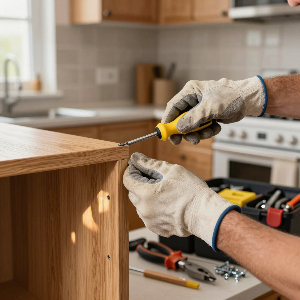 Gloved hands using a screwdriver to assemble a wooden cabinet in a kitchen.