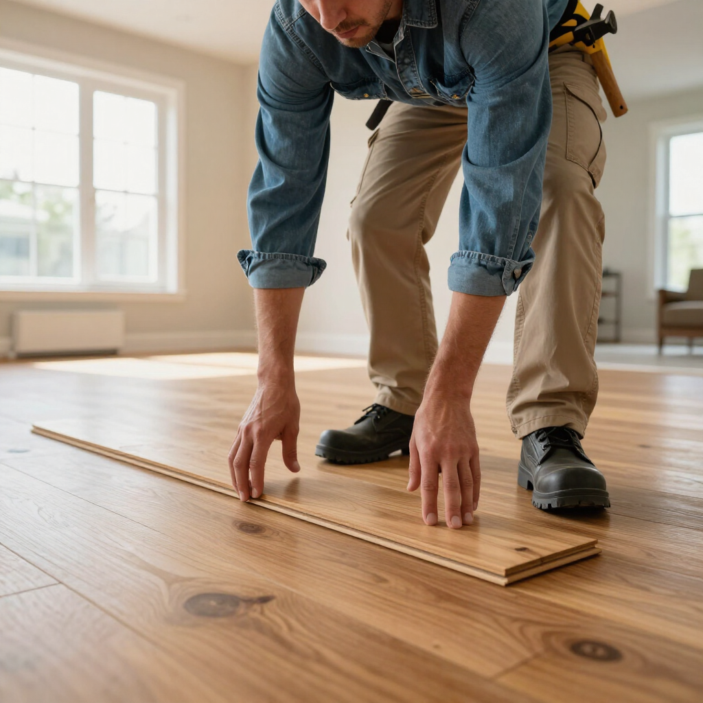 Person installing hardwood flooring in a bright room