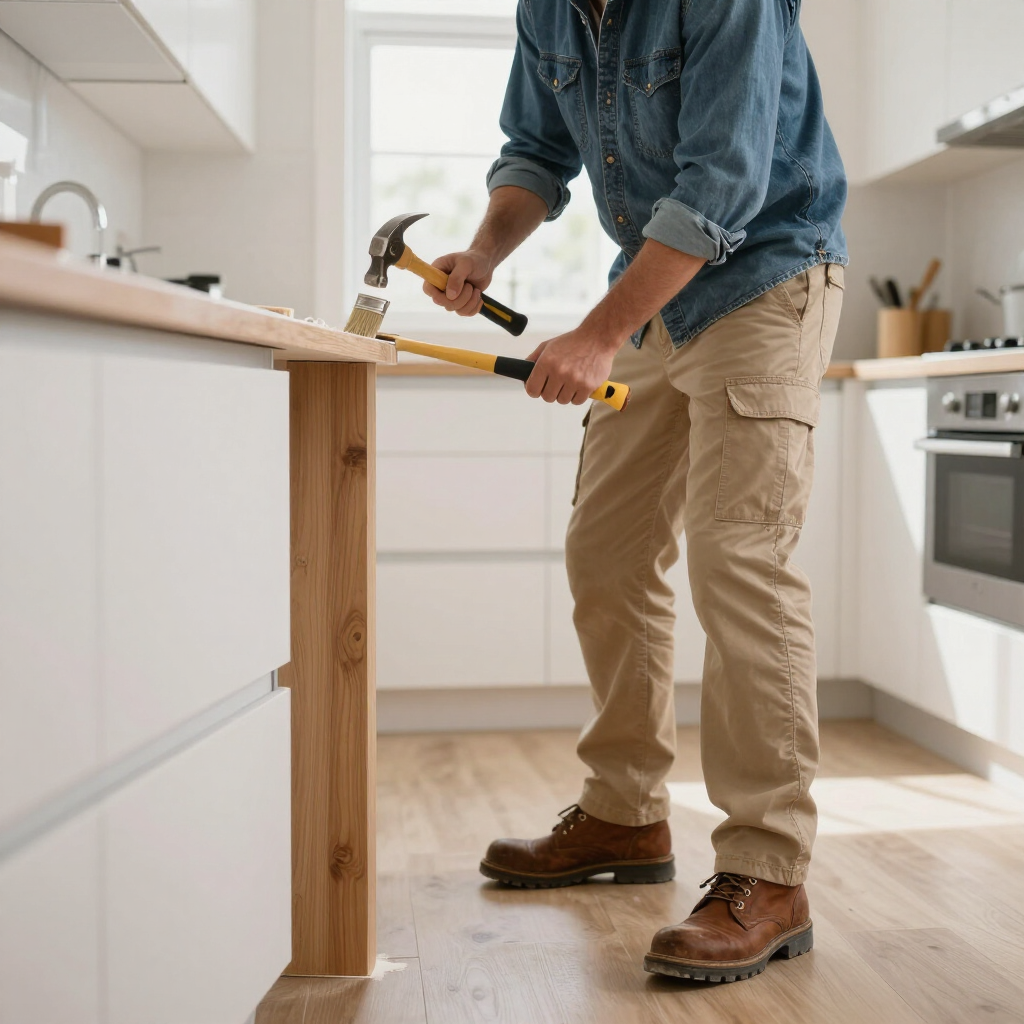 Person using a hammer to assemble a wooden table in a bright kitchen