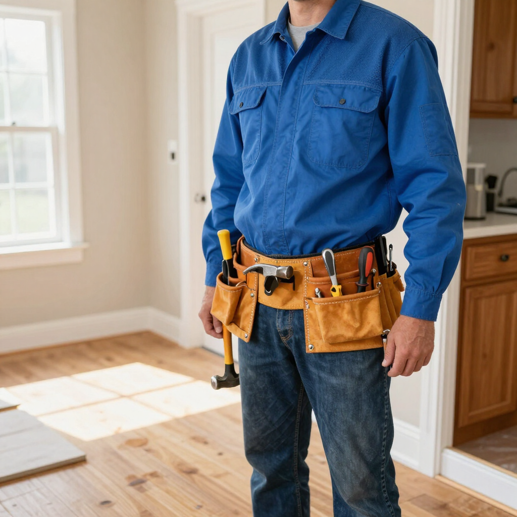 Worker in blue shirt and tool belt standing in a bright room with hardwood floors