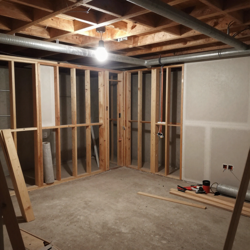 Unfinished basement with exposed wood framing, concrete floor, and a single bare bulb lighting the room.