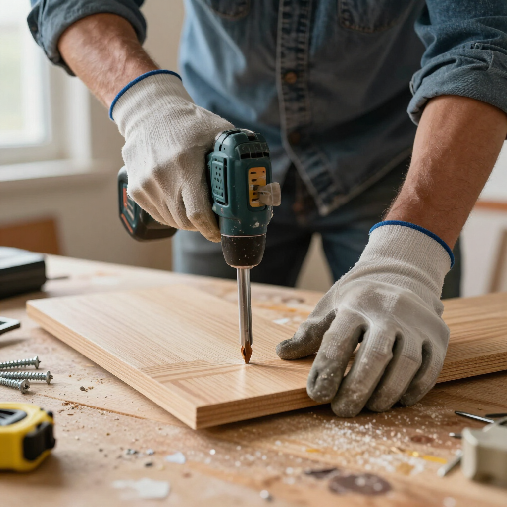 Gloved person using a drill on a wooden board in a workshop