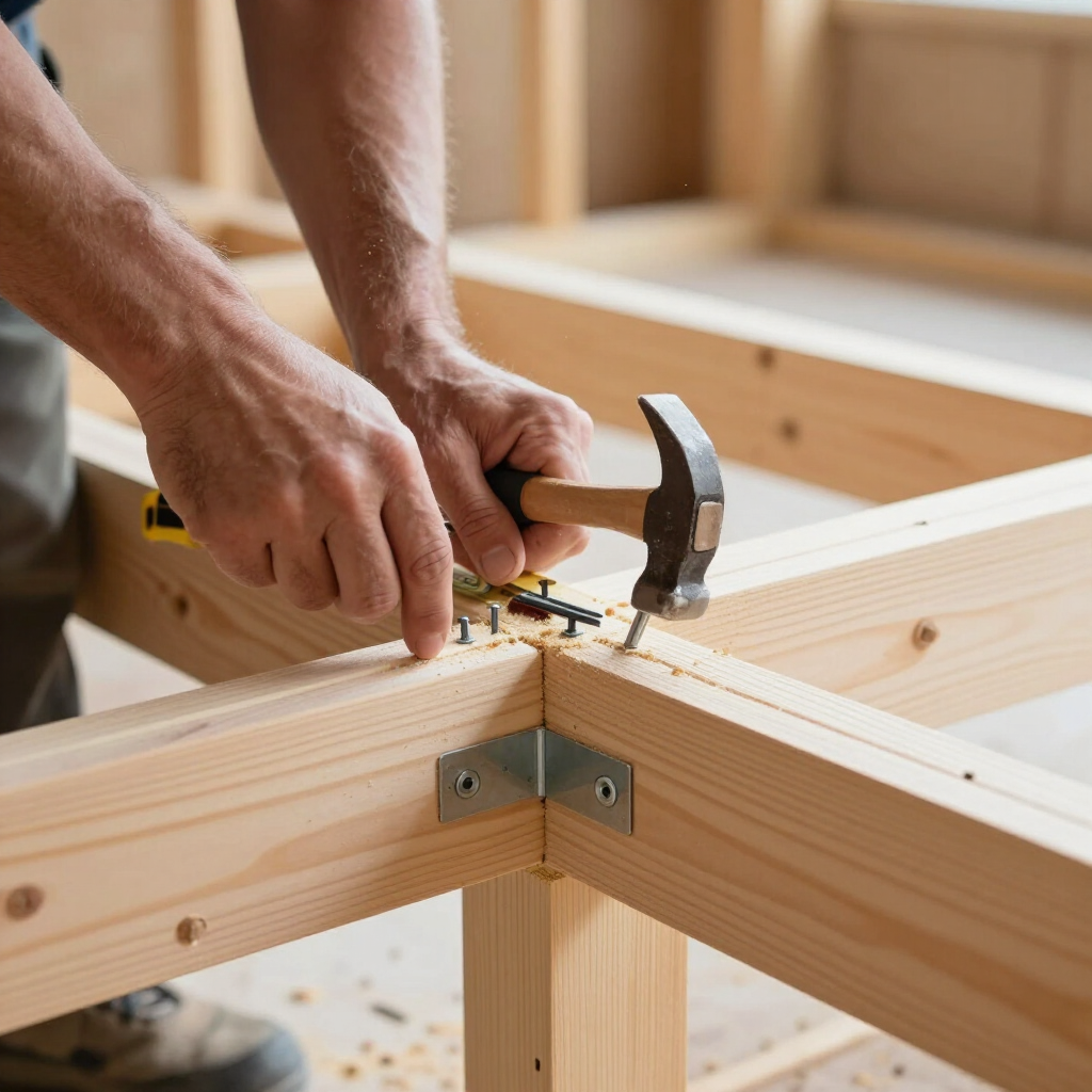 Hands using a hammer to drive a nail into a wooden frame joint in a workshop