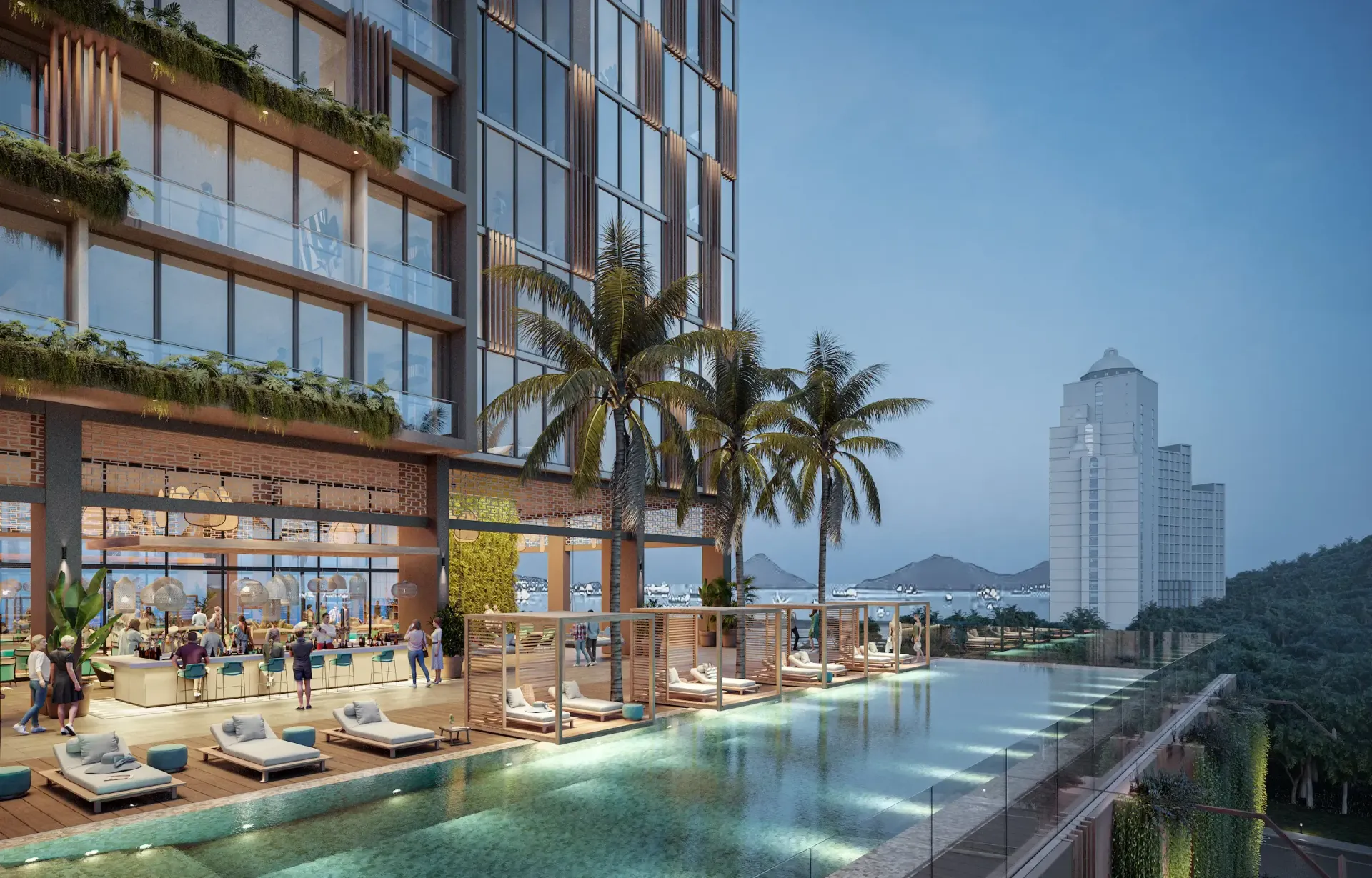 Piscine de luxe sur le toit d’un hôtel moderne, avec des transats, des palmiers et la silhouette de la ville au crépuscule