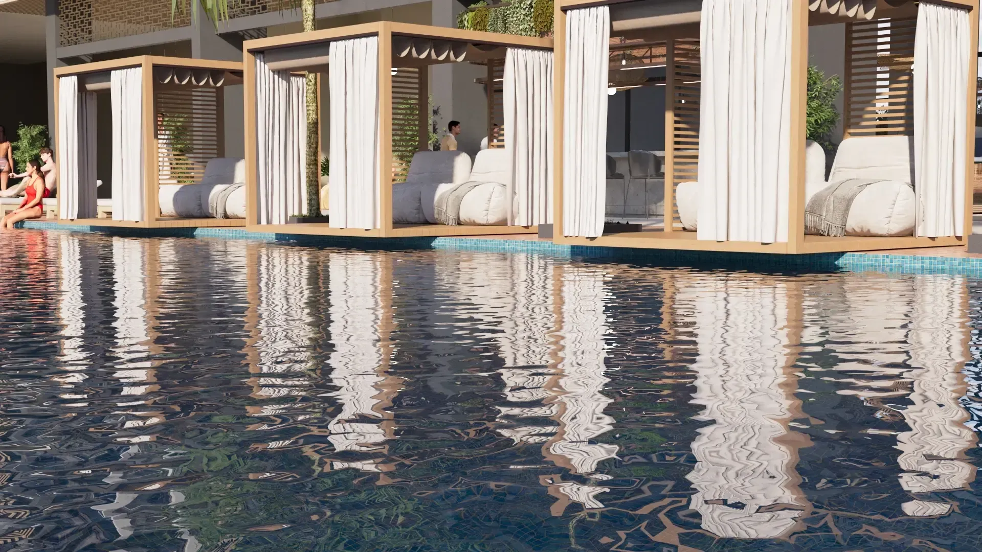 Luxury poolside cabanas with white curtains reflected in calm blue water at sunset