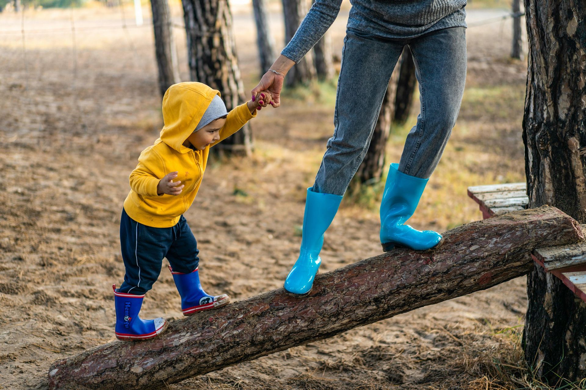 A woman is helping a little boy walk across a log in the woods.