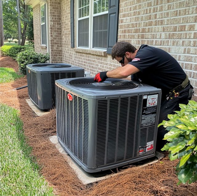 Gray HVAC/furnace unit in a utility room with insulated ductwork and metal vent pipes on top