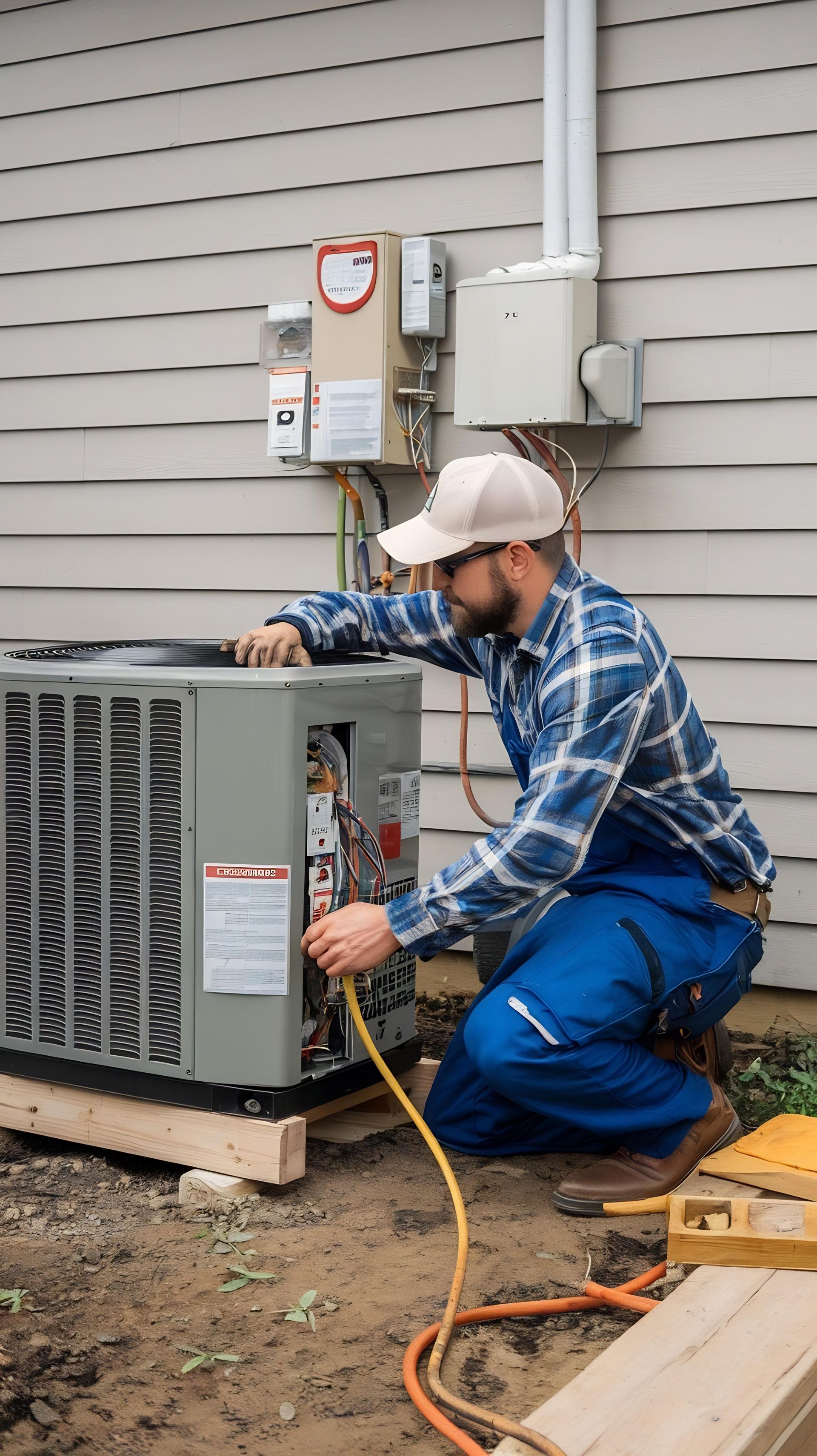 Technician kneeling beside outdoor HVAC unit, using tools and checking wiring near a house wall.