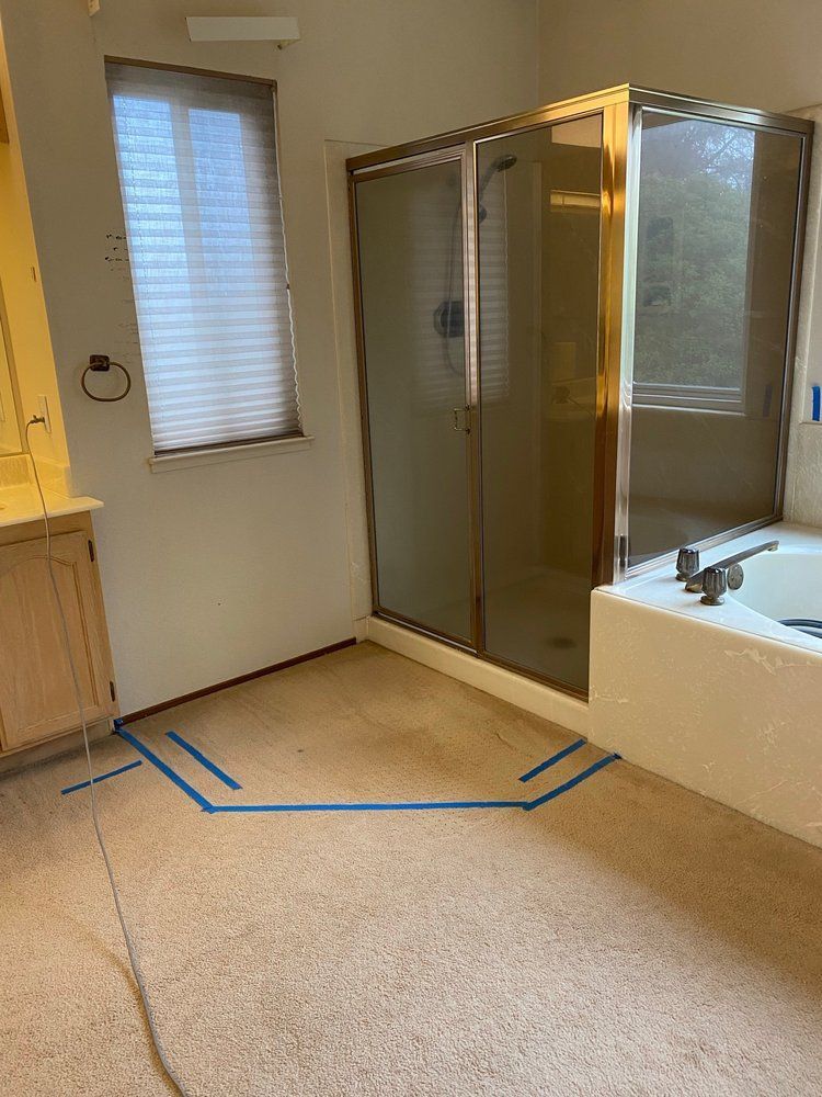 Accessible bathroom with walk-in shower, bathtub, and blue floor markings indicating a route.