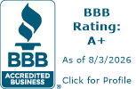 BBB Accredited Business badge with A+ rating and “Click for Profile” text in blue and white
