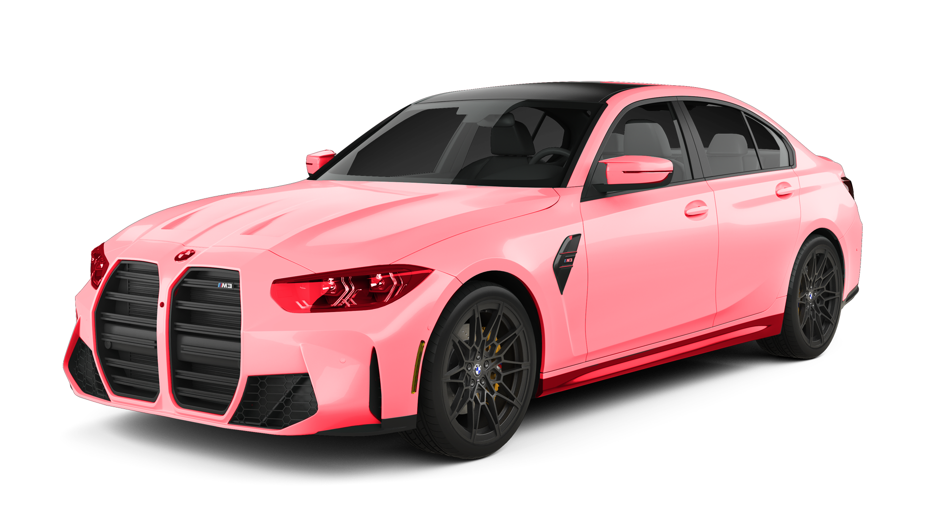 Pink BMW M3 sedan with black accents and wheels.