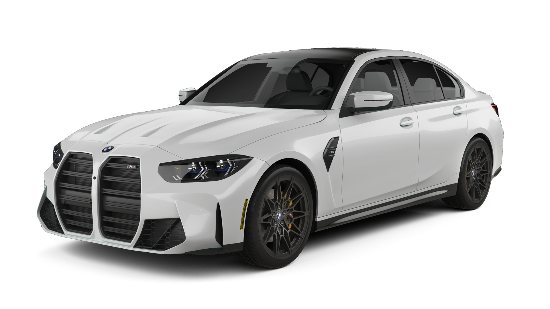 White BMW M3 sedan, black accents, angled front view.