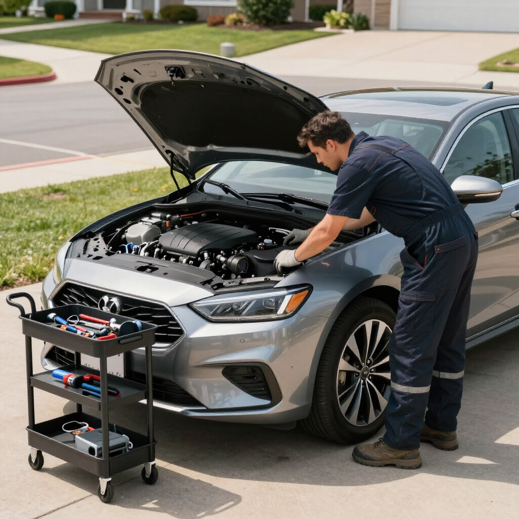Mechanic kneeling beside a silver car, inspecting the front brake assembly with tools nearby.