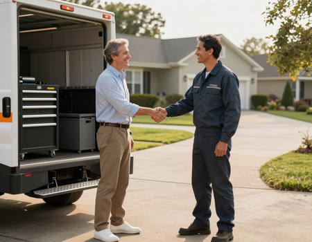 Happy customer shaking hands with a mobile mechanic beside a service truck.