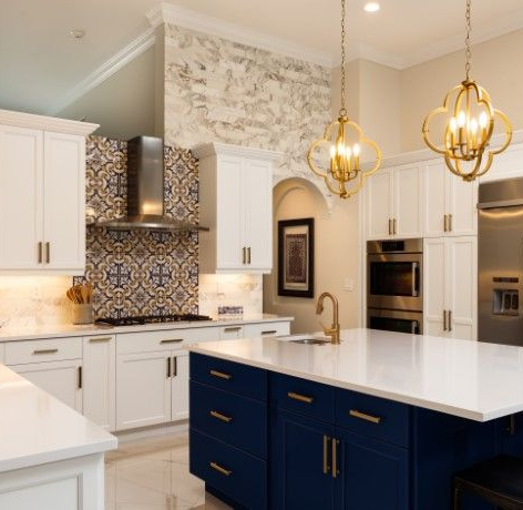 Kitchen with white cabinets, tile backsplash, and hanging light fixtures