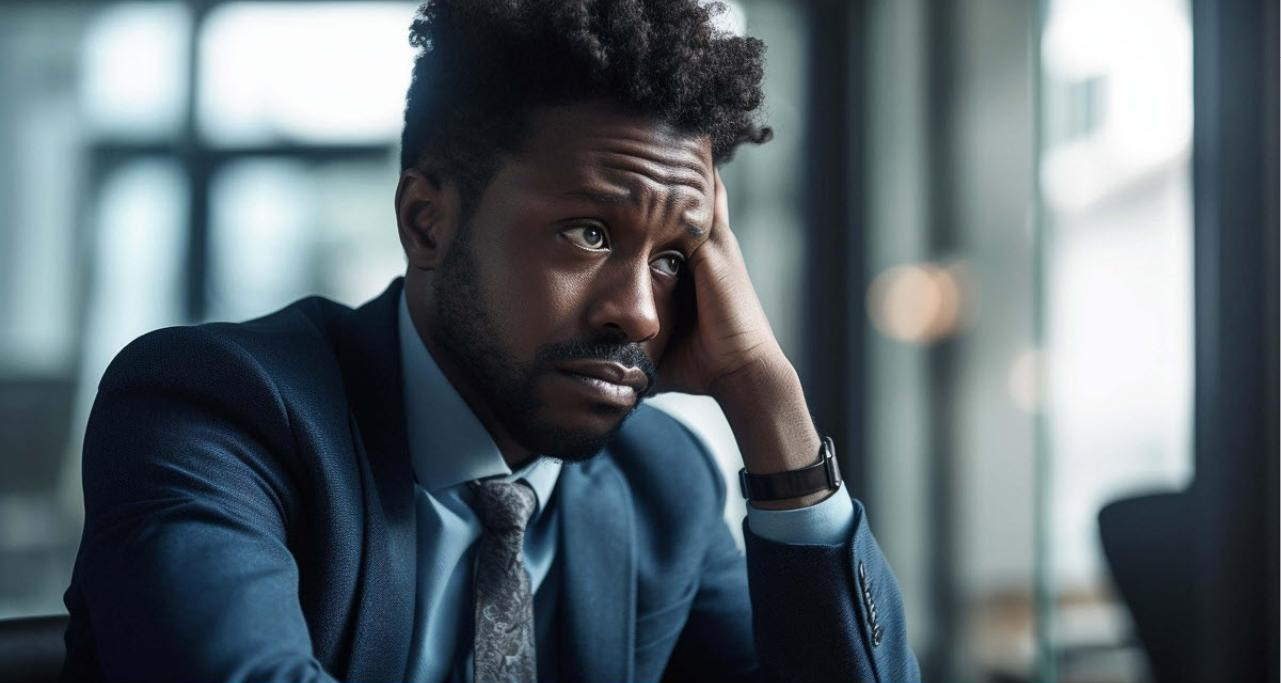A worried man in a suit resting his head on his hand at an office.