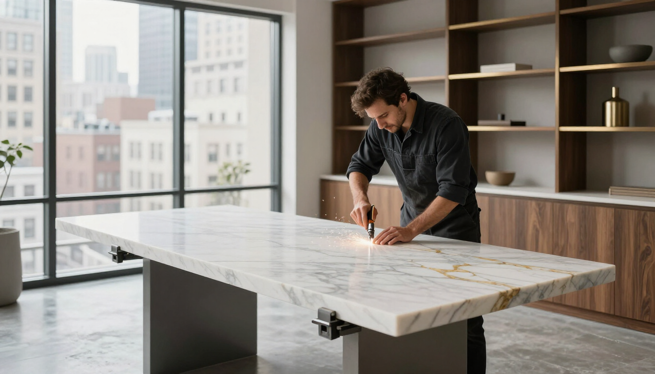 An artisan fabricating a custom stone countertop in a premium New York City studio