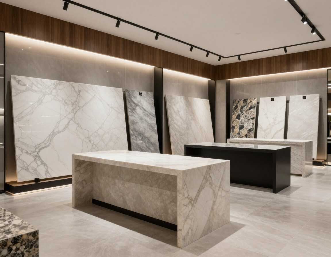 A premium countertop showroom with curated stone surfaces