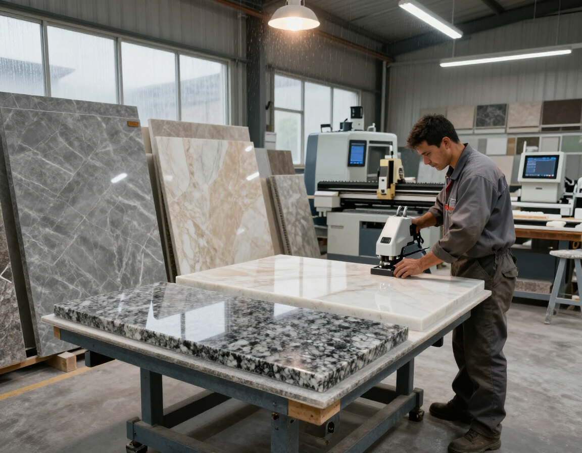 Stone fabrication for a bathroom vanity top
