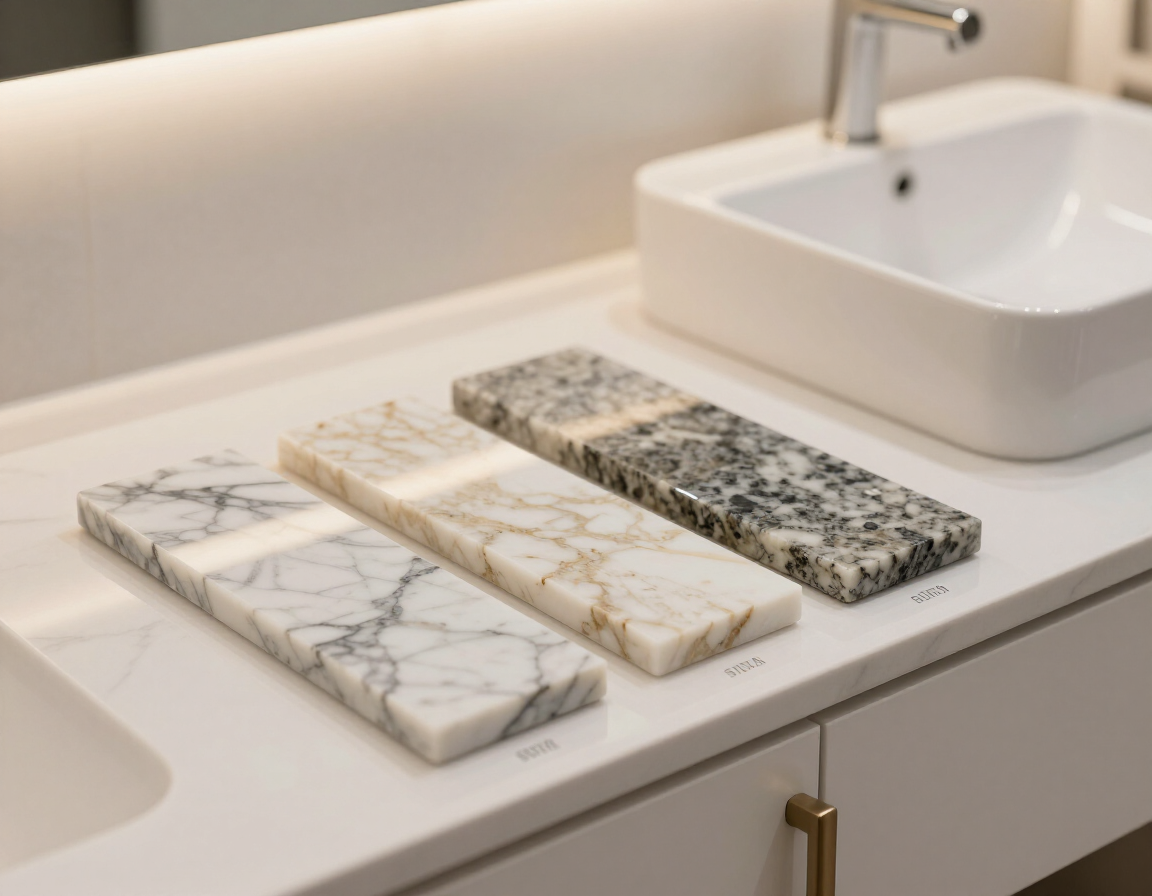 Stone material samples for bathroom design