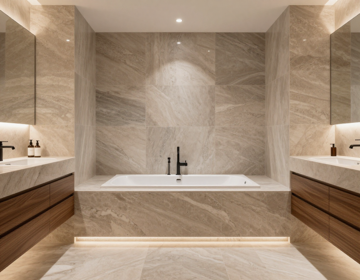 Modern bathroom featuring a quartzite tub deck
