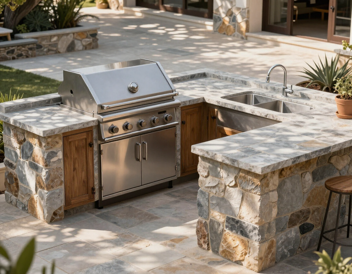 Weatherproof outdoor kitchen with stone countertops