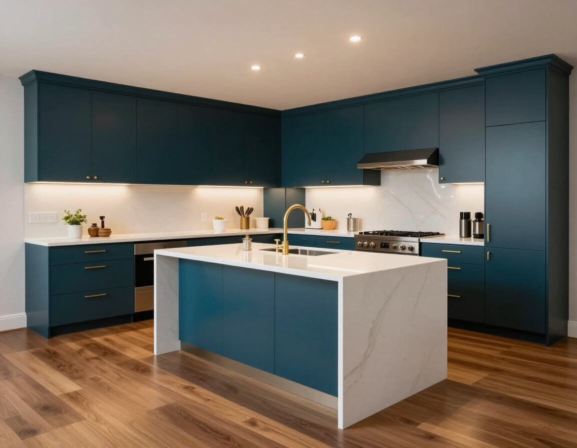 Modern kitchen featuring a white quartz waterfall island