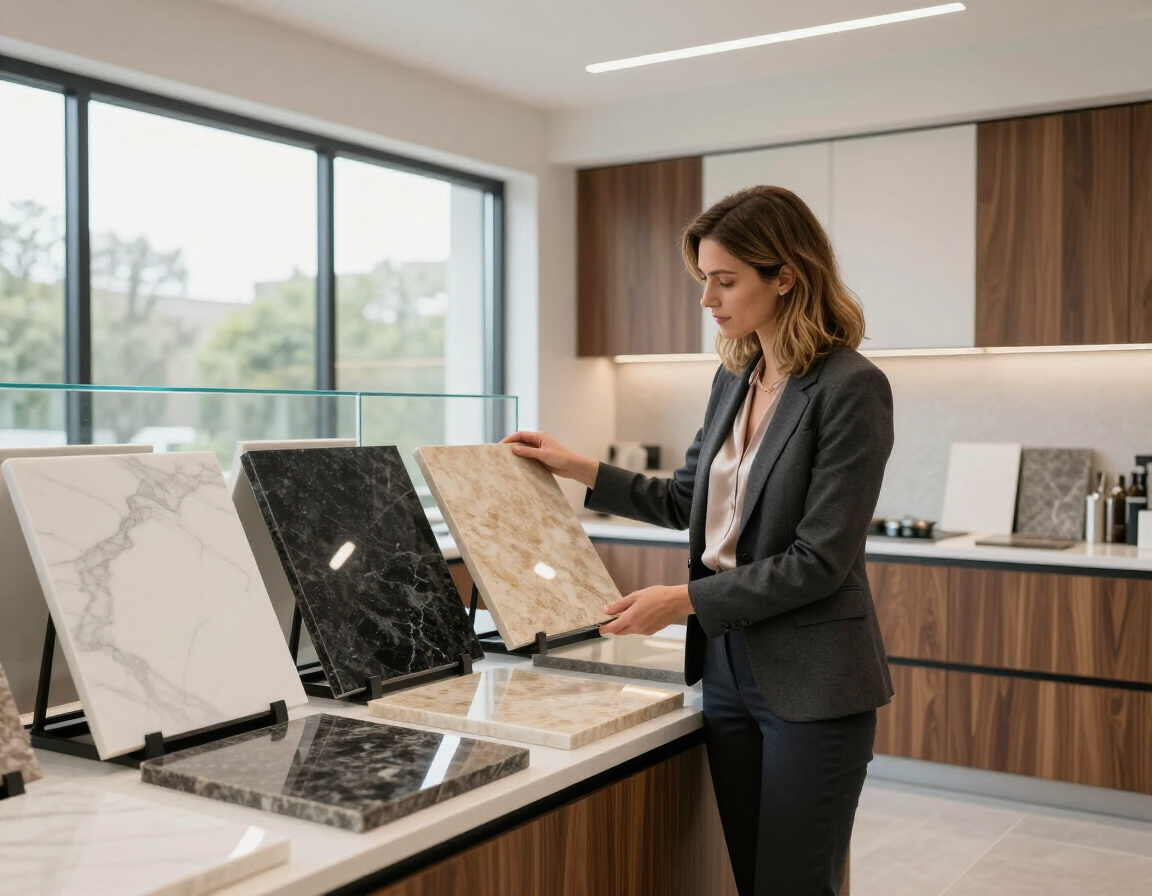 Designer reviewing countertop slab options with sample boards